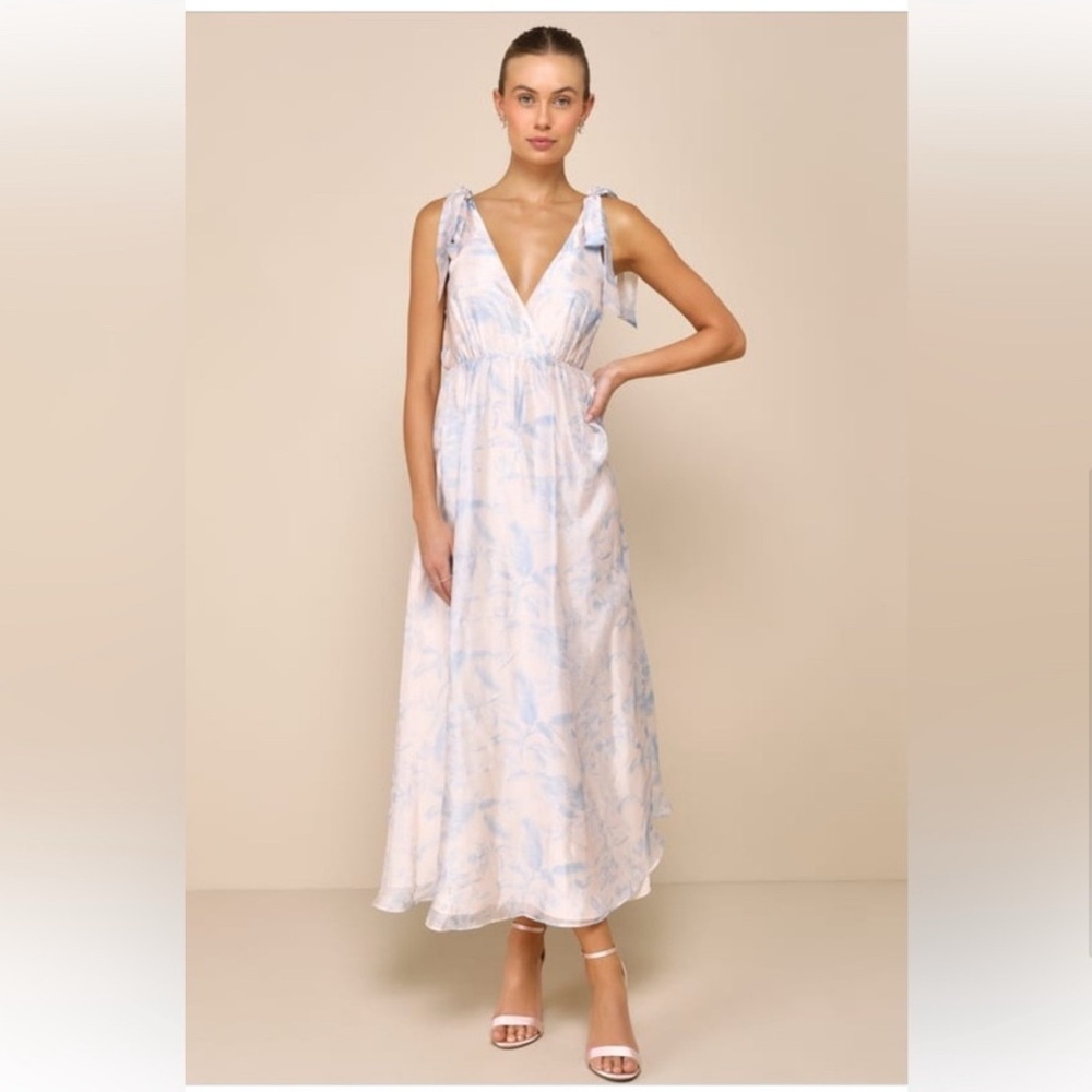 Breathtaking Charm Blush and Blue Floral Tie-Strap Maxi Dress Size Large